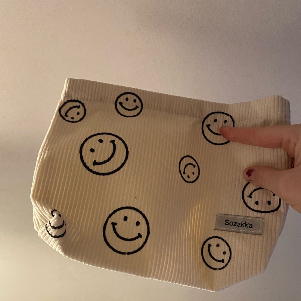 Smiley Face Blue Corduroy Cosmetic Bag NEW Smile